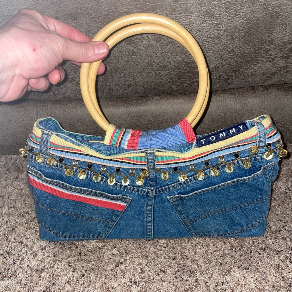 Blue Jean Denim Double Handled Purse Beaded, Fabric Belt Hilfiger Phone Charms - Picture 2 of 4